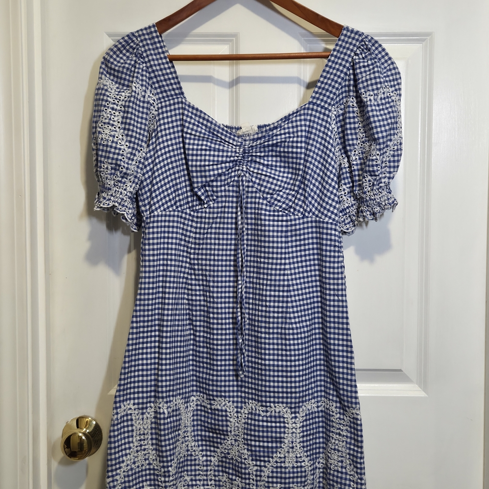 Blue Gingham Dress with White Accents